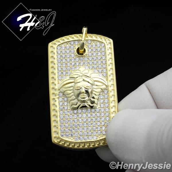 MEN 925 STERLING SILVER ICED BLING HEAD GOLD DOG TAG CHARM PENDANT*GP113
