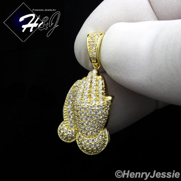 MEN WOMEN 925 STERLING SILVER ICED PRAYING HANDS GOLD CHARM PENDANT*GP114