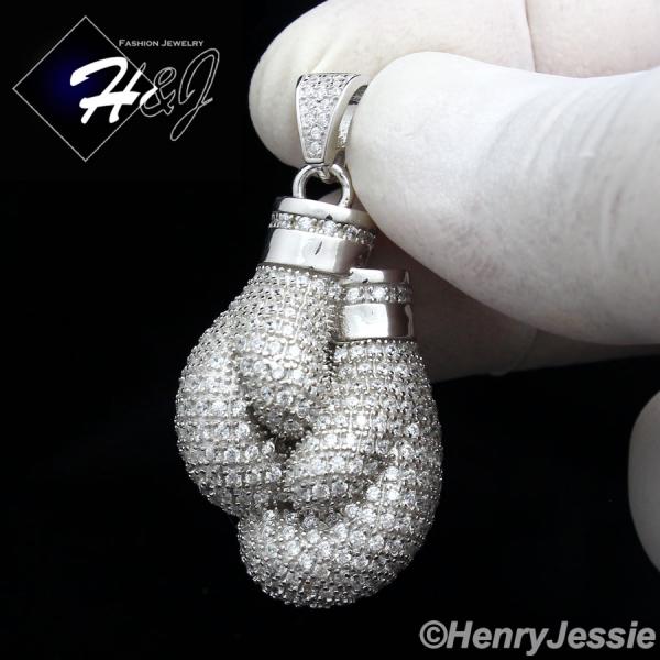 MEN 925 STERLING SILVER ICED BLING DOUBLE BOXING GLOVE CHARM PENDANT*SP119