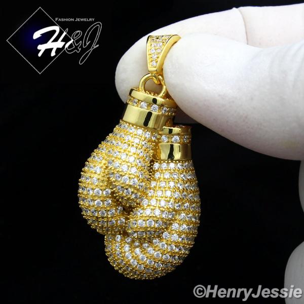 MEN 925 STERLING SILVER ICED BLING DOUBLE BOXING GLOVE GOLD CHARM PENDANT*GP119