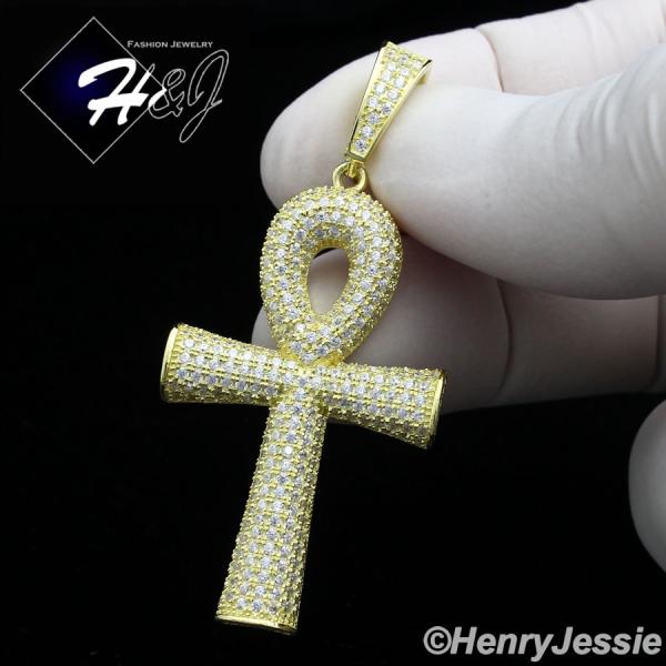 925 STERLING SILVER LAB DIAMOND ICED BLING ANKH KEY CROSS GOLD PENDANT*GP131