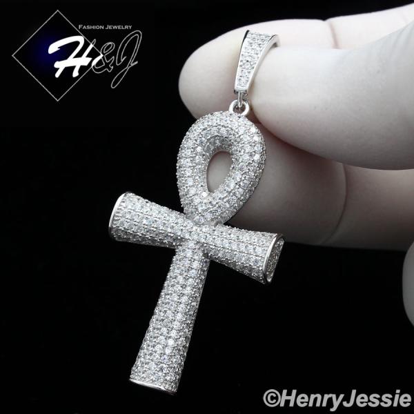 MEN 925 STERLING SILVER LAB DIAMOND ICED BLING ANKH KEY CROSS PENDANT*SP131