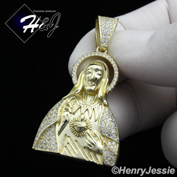 925 STERLING SILVER LAB DIAMOND ICED SACRED HEART OF JESUS GOLD PENDANT*GP132