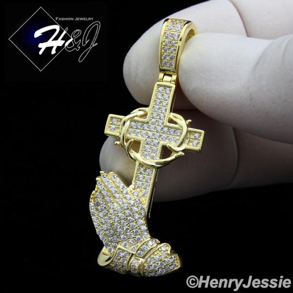 MEN WOMEN 925 STERLING SILVER ICED PRAYING HANDS CROSS GOLD PENDANT*GP134