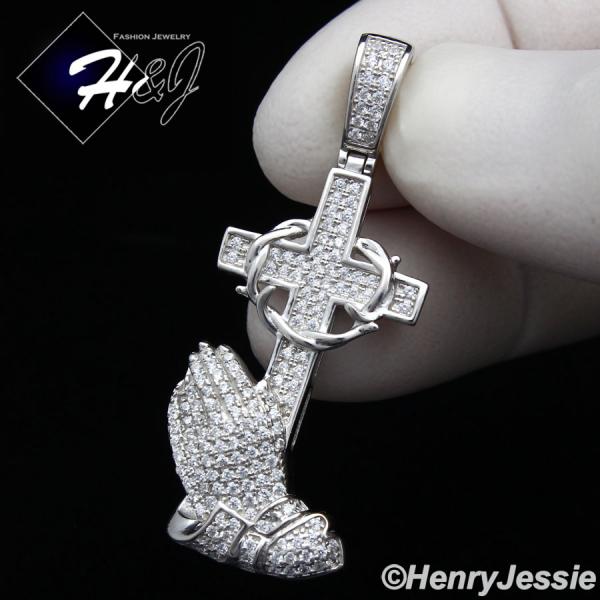 MEN WOMEN 925 STERLING SILVER ICED BLING PRAYING HANDS CROSS PENDANT*SP134