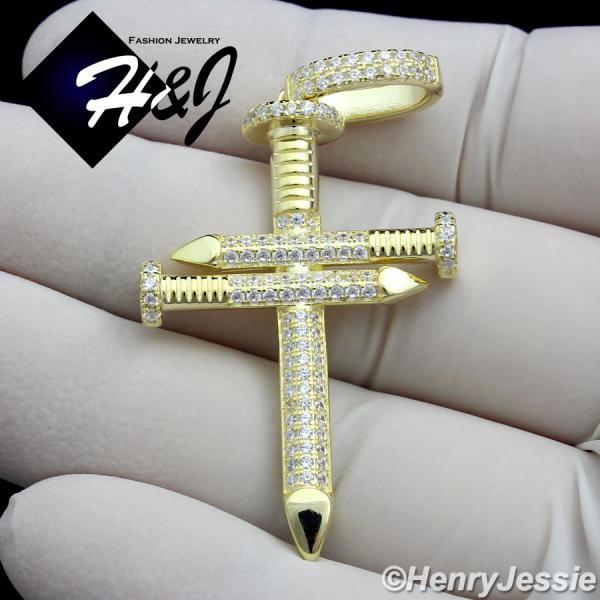 MEN 925 STERLING SILVER ICY BLING CZ 3D NAIL CROSS GOLD PLATED PENDANT*GP139