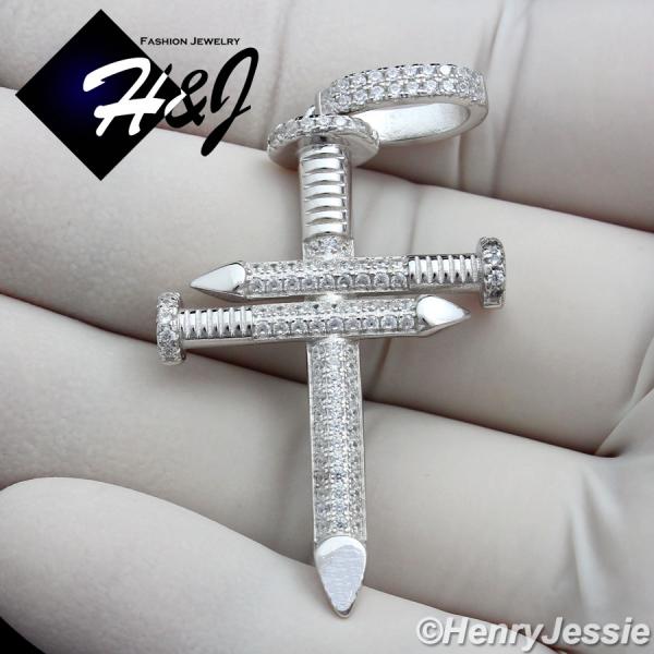 MEN SOLID 925 STERLING SILVER ICY BLING CZ 3D NAIL CROSS SILVER PENDANT*SP139