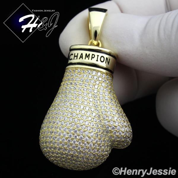 MEN 925 STERLING SILVER ICED BLING CHAMPION BOXING GLOVE GOLD CHARM PENDANT*G140