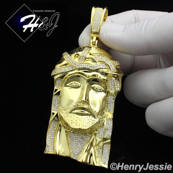 MEN 925 STERLING SILVER LAB DIAMOND ICED BLING BIG GOLD JESUS FACE PENDANT*GP143