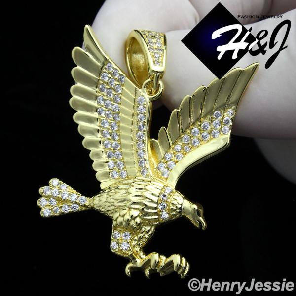MEN 925 STERLING SILVER LAB DIAMOND ICED BLING 3D EAGLE GOLD PENDANT*GP149