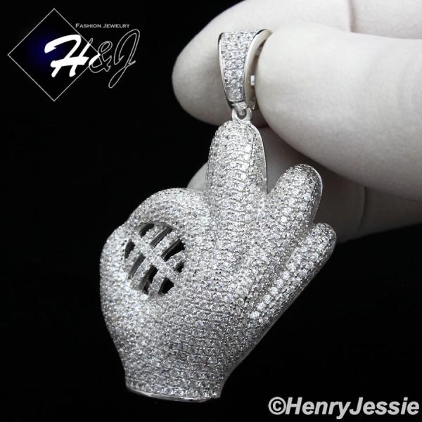 MEN 925 STERLING SILVER LAB DIAMOND ICED BLING BASEBALL GLOVE PENDANT*SP155