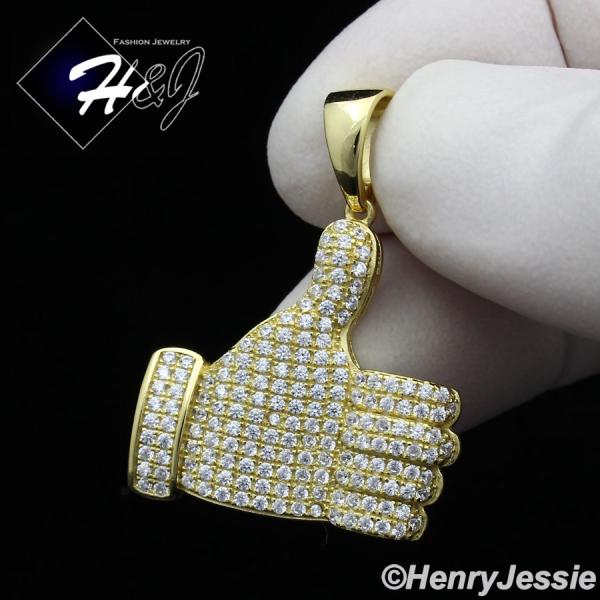 MEN WOMEN 925 STERLING SILVER LAB DIAMOND ICED THUMBS UP GOLD CHARM PENDANT*GP159