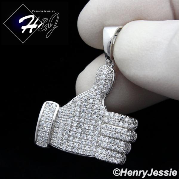 MEN 925 STERLING SILVER LAB DIAMOND ICED BLING THUMBS UP CHARM PENDANT*SP159