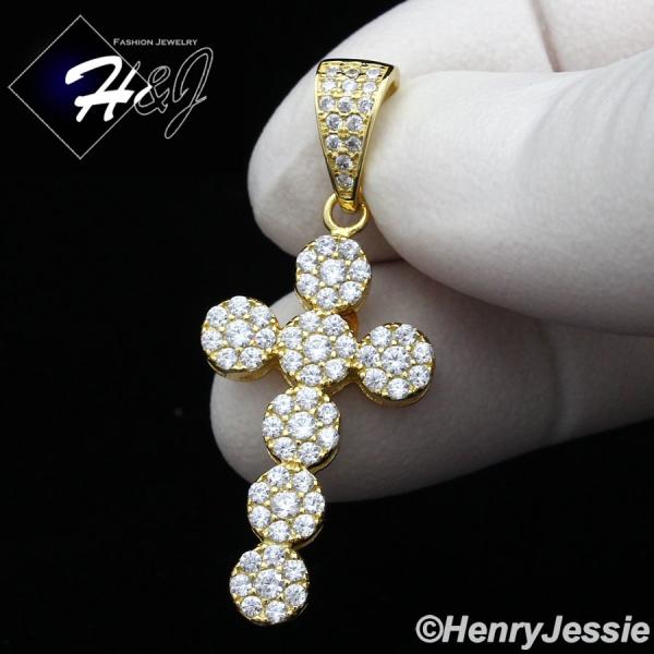 MEN WOMEN 925 STERLING SILVER LAB DIAMOND ICED BLING CROSS GOLD CHARM PENDANT*GP160