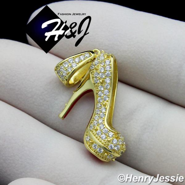 WOMEN 925 STERLING SILVER LAB DIAMOND ICED 3D HIGH HEEL SHOE GOLD PENDANT*GP161