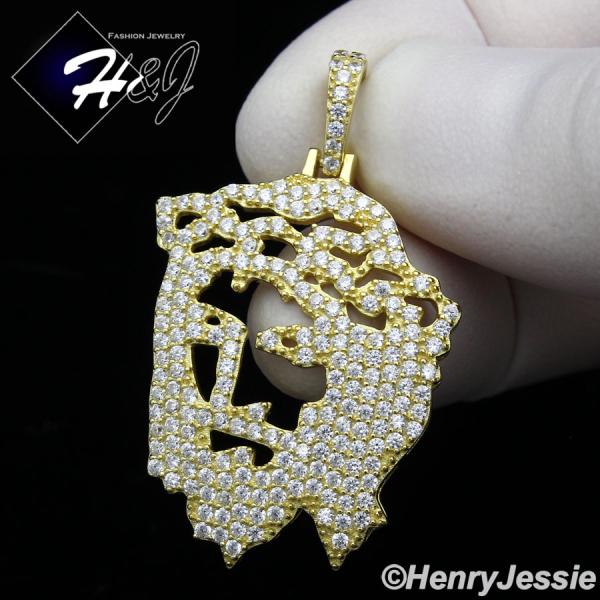 MEN 925 STERLING SILVER LAB DIAMOND ICED BLING GOLD JESUS FACE PENDANT*GP163