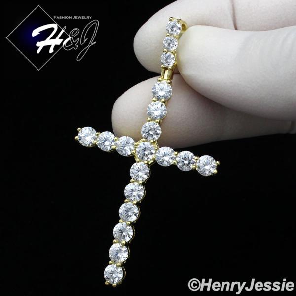 MEN 925 STERLING SILVER LAB DIAMOND ICED BLING GOLD CROSS CHARM PENDANT*G170