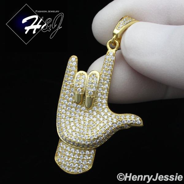 MEN 925 STERLING SILVER LAB DIAMOND ICED GOLD ROCK N' ROLL HAND PENDANT*GP171