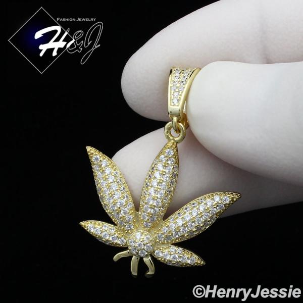 MEN WOMEN 925 STERLING SILVER LAB DIAMOND ICED GOLD MARIJUANA LEAF PENDANT*GP173
