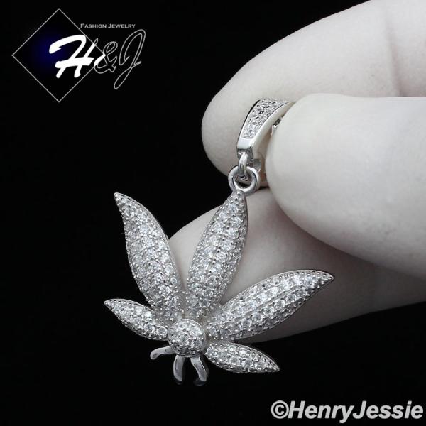 MEN WOMEN 925 STERLING SILVER LAB DIAMOND ICED BLING MARIJUANA LEAF PENDANT*P173