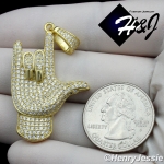 MEN 925 STERLING SILVER LAB DIAMOND ICED GOLD ROCK N' ROLL HAND PENDANT*GP171
