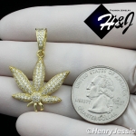 MEN WOMEN 925 STERLING SILVER LAB DIAMOND ICED GOLD MARIJUANA LEAF PENDANT*GP173