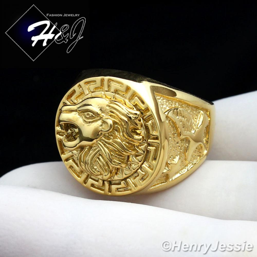 MEN's Stainless Steel Gold Lion Head Eagle Greek Key Round Ring Size 7-13*R83