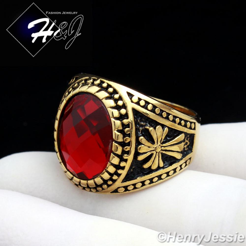 MEN's Stainless Steel Gold Black Oval Ruby Vintage Ring Size 8-13*GR88