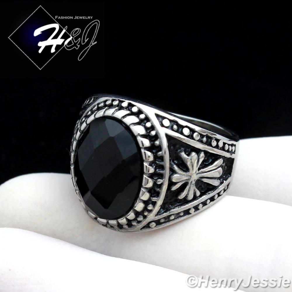 MEN's Stainless Steel Silver Black Oval Onyx Vintage Ring Size 8-13*R88
