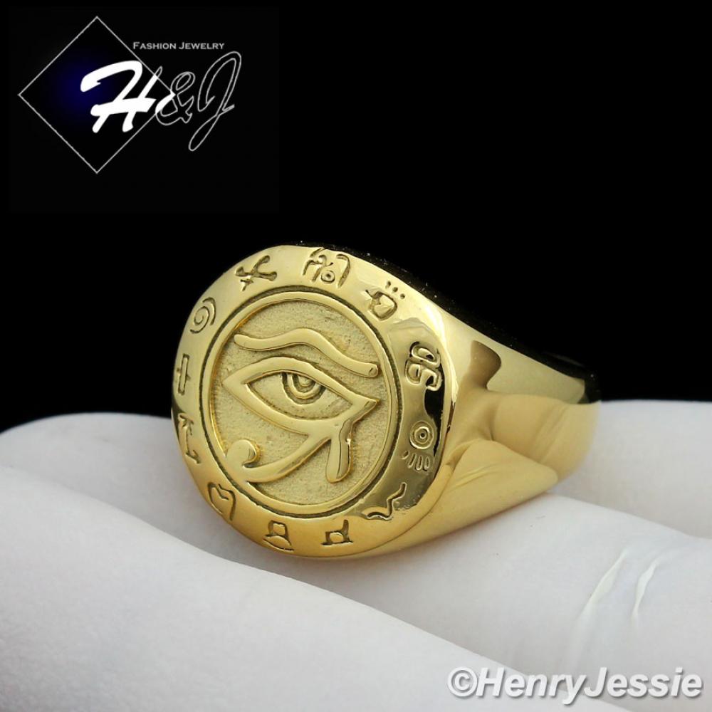 MEN WOMEN Stainless Steel Gold Egyptian Eye of Horus Round Ring Size 8-12*GR102