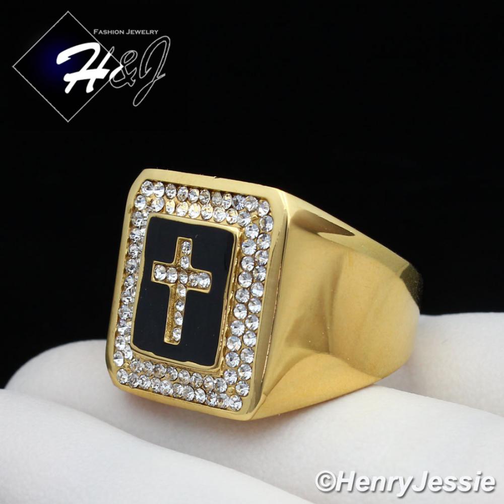 MEN Stainless Steel Black/Gold Cross ICED BLING CZ Square Ring Size 8-13*GR106