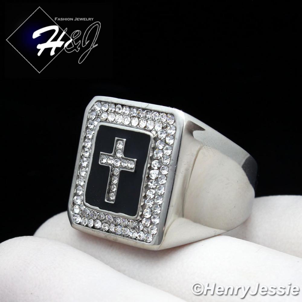 MEN Stainless Steel Black/Silver Cross ICED BLING CZ Square Ring Size 8-13*R106