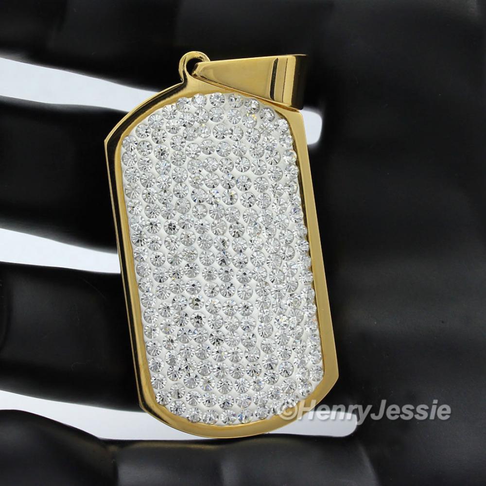 MEN Stainless Steel 2.1"x1.1" Clear CZ Stone ICED OUT Gold Dog tag Pendant*GP43