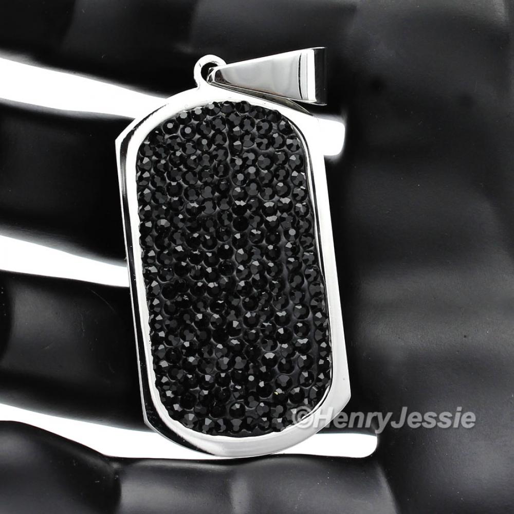 MEN Stainless Steel 2.1"x1.1" Black CZ Stone ICED OUT Silver Dogtag Pendant*BP43