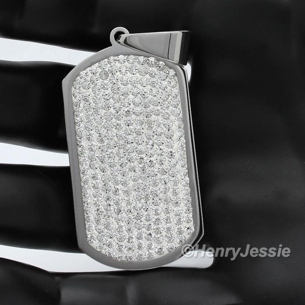 MEN's Stainless Steel 2.1"x1.1" Silver CZ Stone ICED OUT Dogtag Pendant*SP43