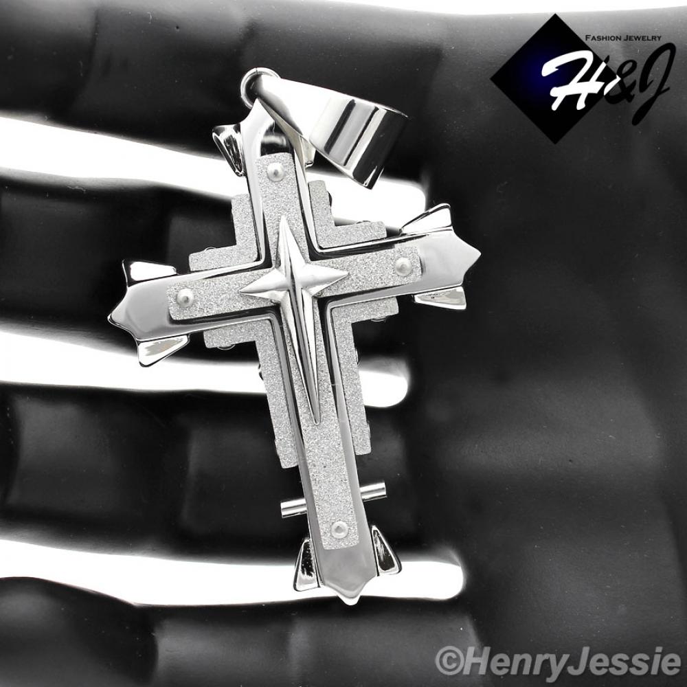 MEN Stainless Steel Silver Matte Glitter Finished Cross Charm Pendant*S51