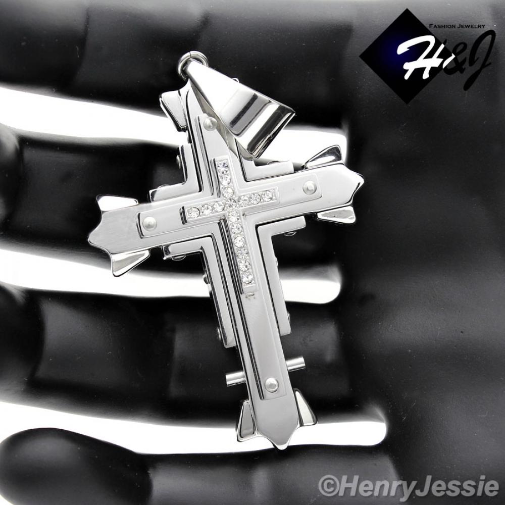 MEN Stainless Steel 2.3"x1.6" Silver Cross Pendant With CZ Stone*S52