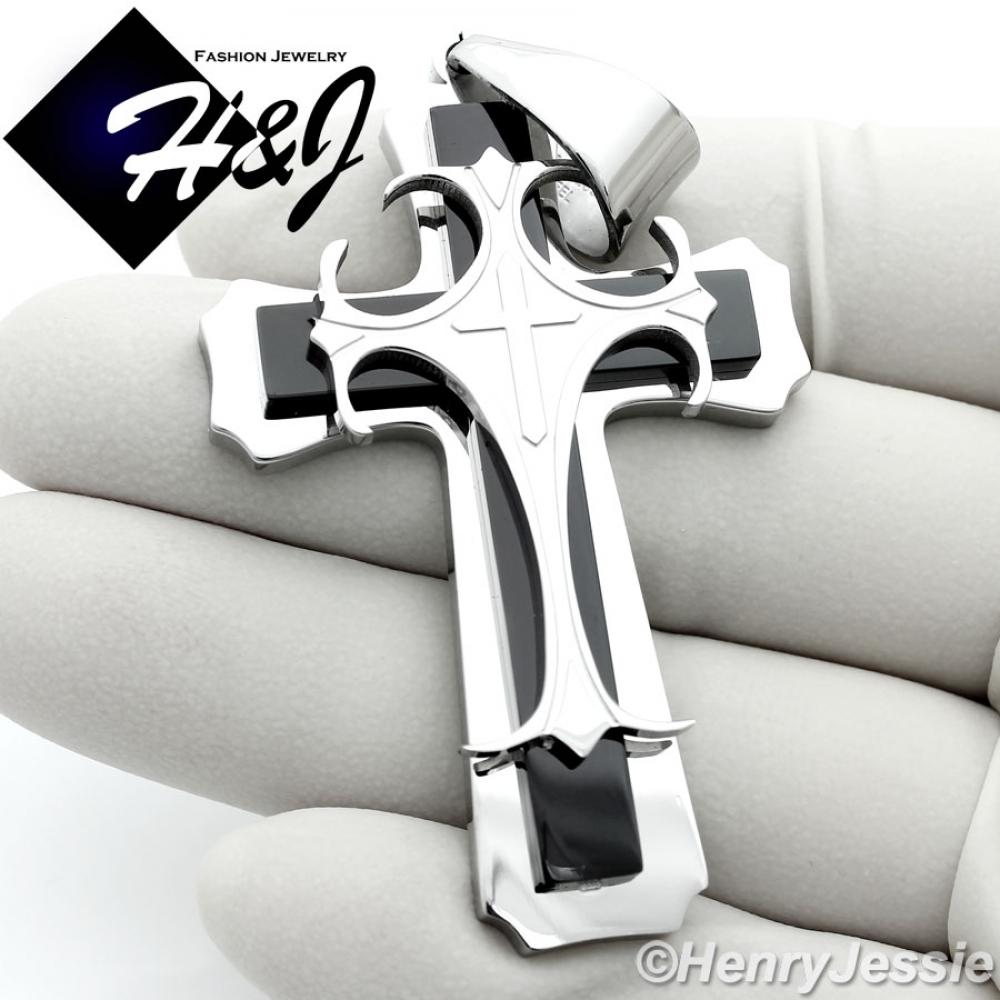 MEN's Stainless Steel 2.2"x1.5" Black Silver Cross Charm Pendant*H63