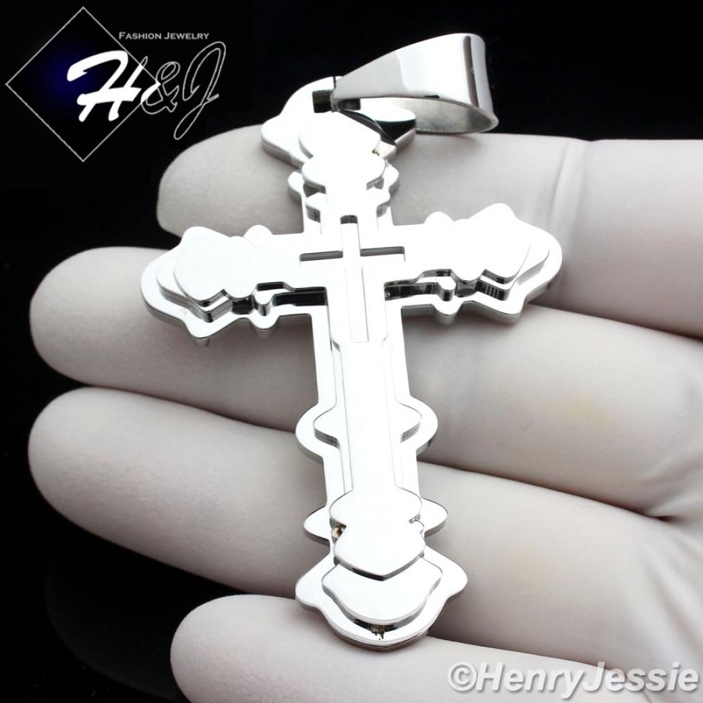 MEN Stainless Steel Silver Layover Double Cross Charm Pendant*P72