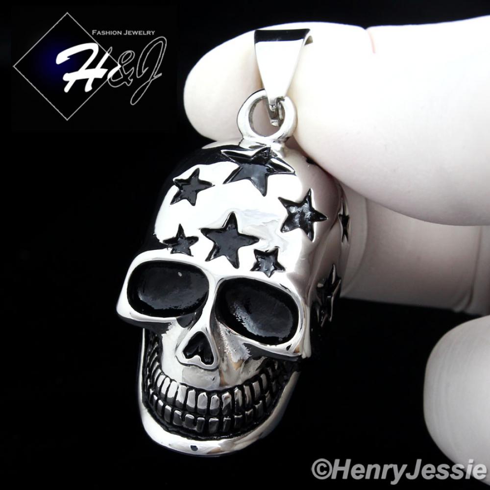 BIKER MEN Stainless Steel Silver Black Star Skull Heads Charm Pendant*P84