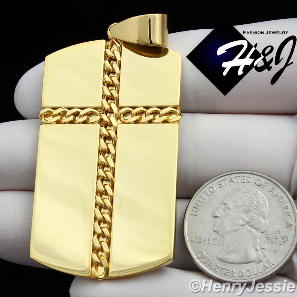MEN Stainless Steel 2"x1.2" Gold Tone Cross Dog Tag Charm Pendant*GP85