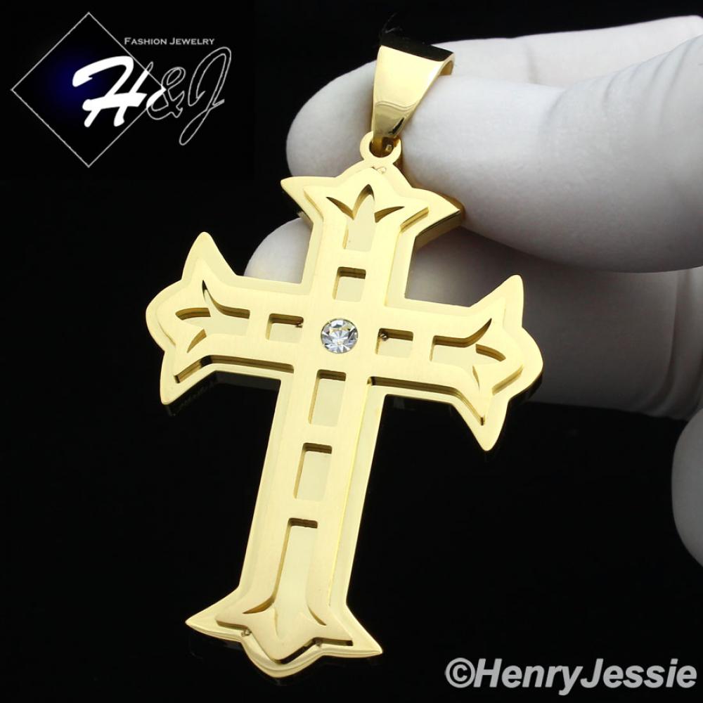 MEN's Stainless Steel CZ Stone Gold Cross Charm Pendant*GP86