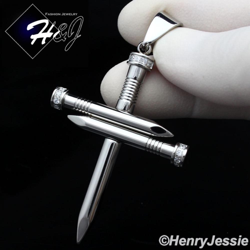MEN's Stainless Steel Silver CZ Stone Nail Cross Charm Pendant*P104
