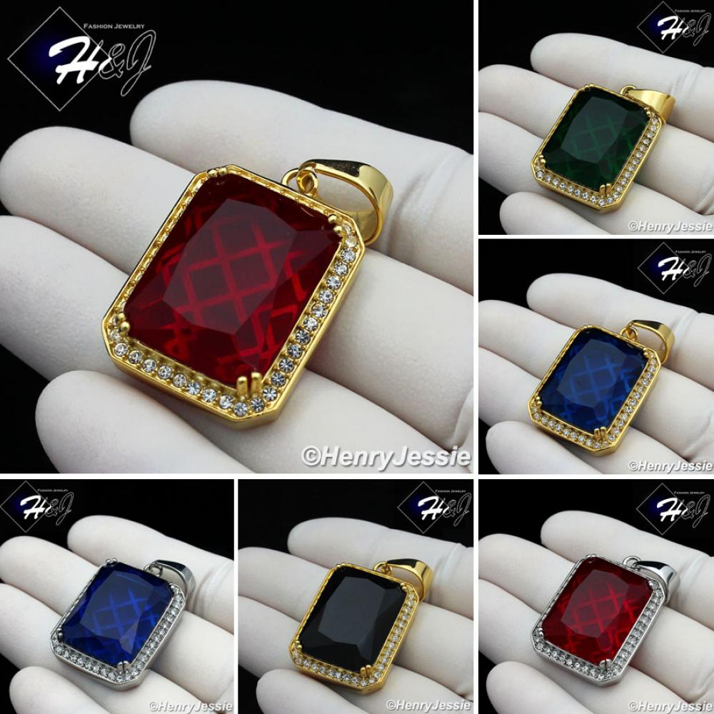MEN Stainless Steel Gold/Silver ICED Green/Blue/Black Onyx/Ruby Charm Pendant*P103