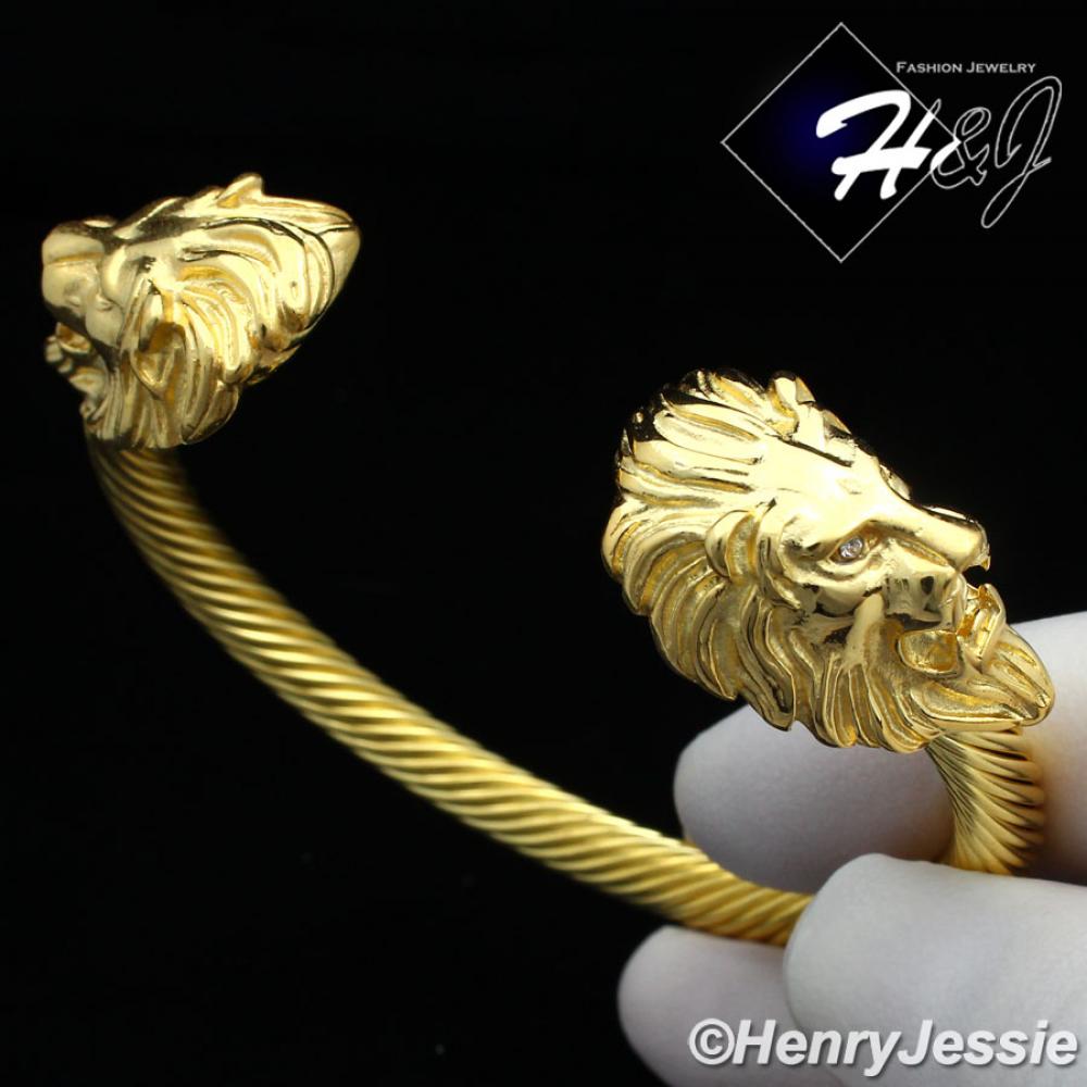 MEN WOMEN Stainless Steel Gold Lion Head Twisted Cable Adjustable Bracelet*GB89