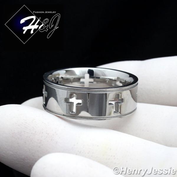MEN Stainless Steel 7mm Silver Hollow Design Cross Band Ring Size 8-13*R85