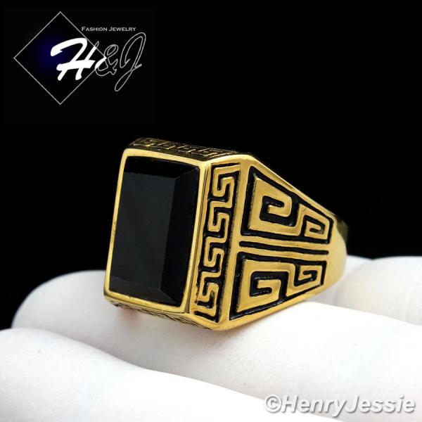 MEN's Stainless Steel Gold/Black Greek Key Rectangle Onyx Ring Size 7-13*GR86