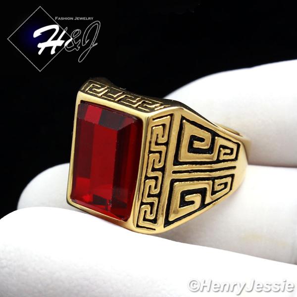 MEN's Stainless Steel Gold/Black Greek Key Rectangle Ruby Ring Size 8-12*R86