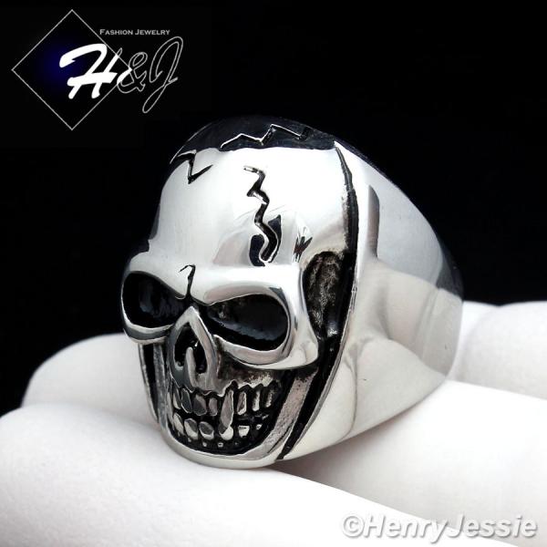 BIKER MEN Stainless Steel Silver Black Skull Face Head Ring Size 8-13*R91