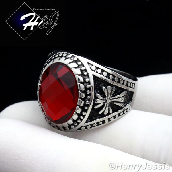 MEN's Stainless Steel Silver Black Oval Ruby Vintage Ring Size 8-13*R88